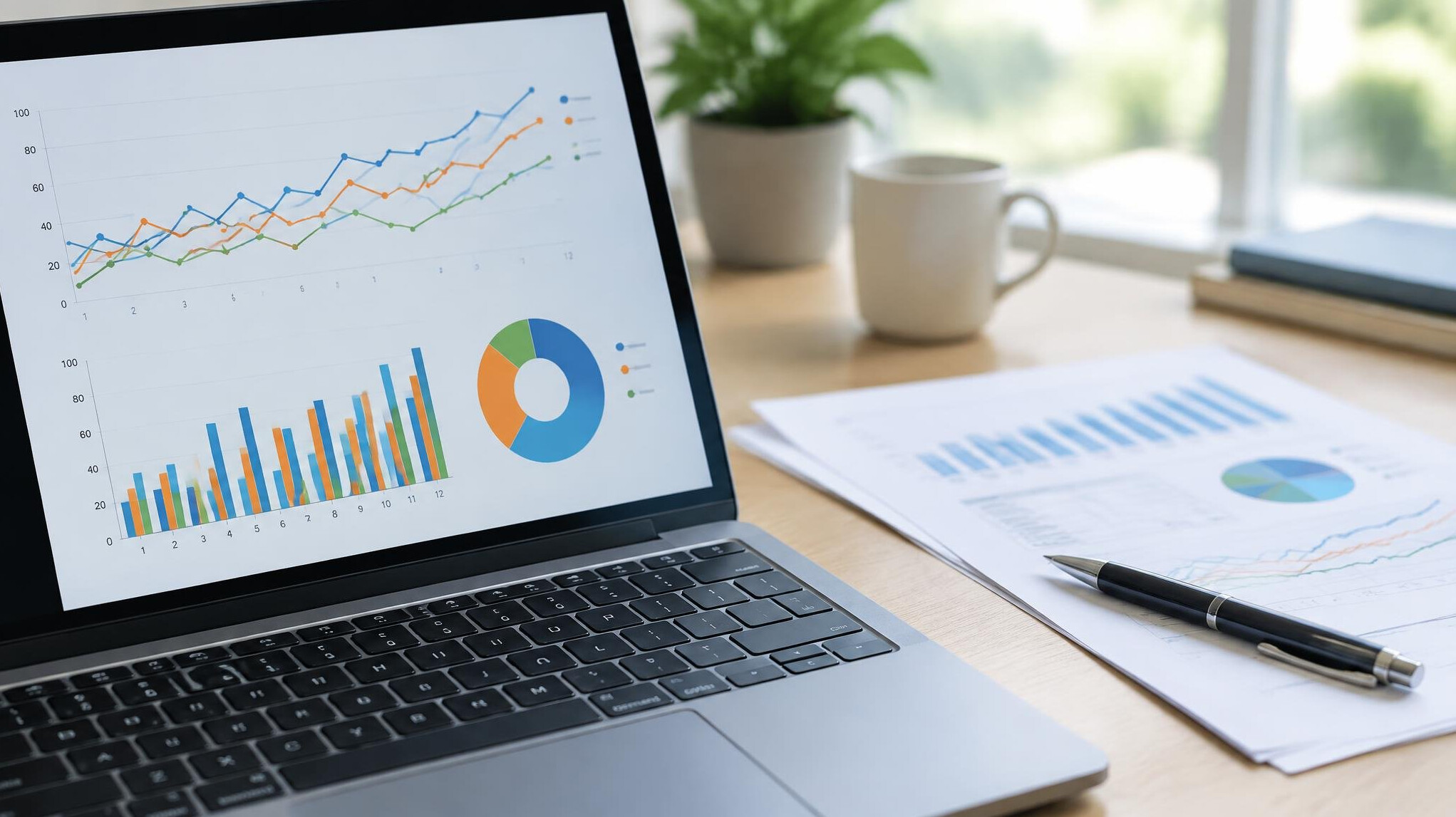 Charts and statistical graphs displayed on a laptop screen next to printed research reports