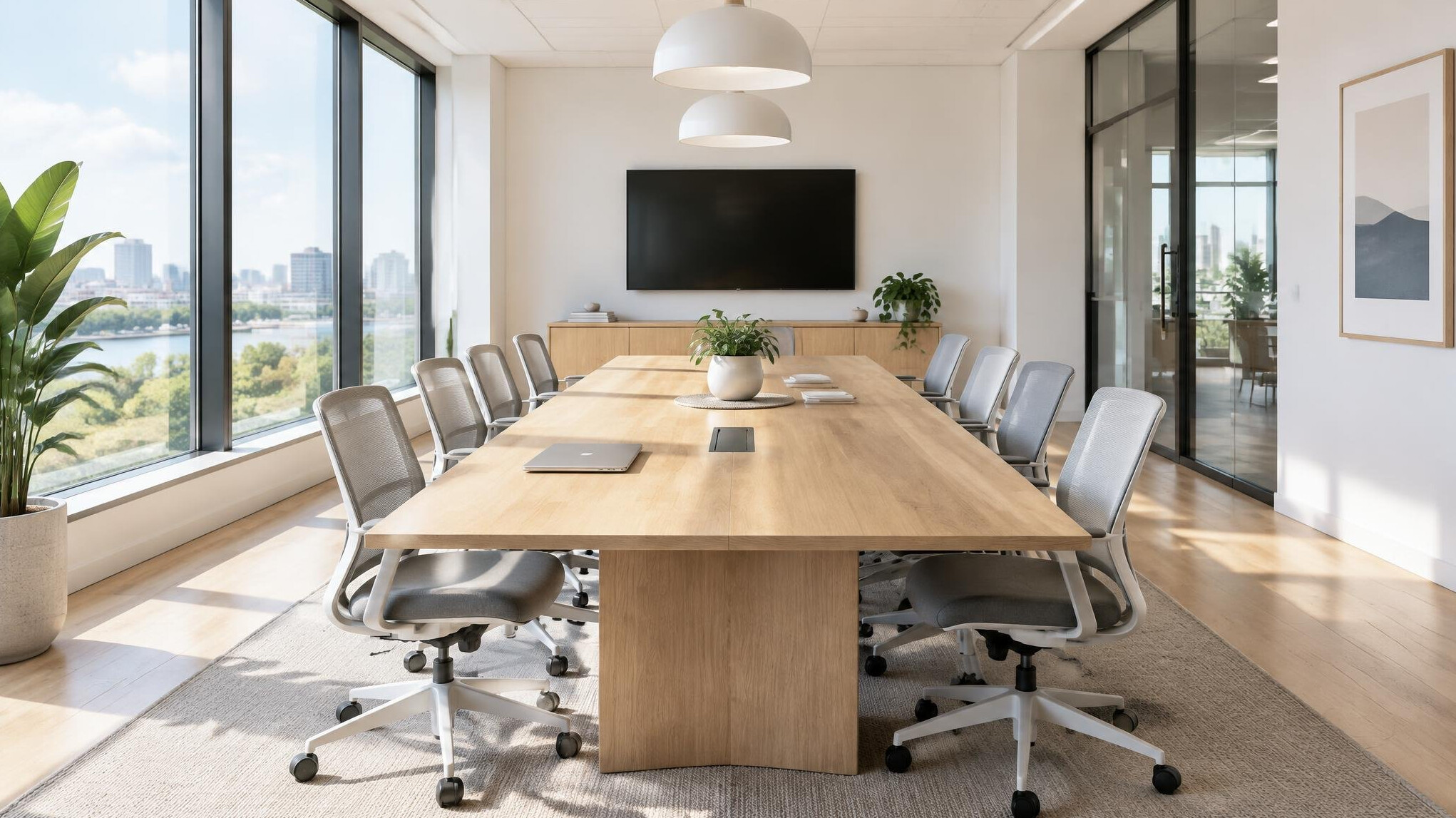 Bright modern meeting room with a long table and large windows